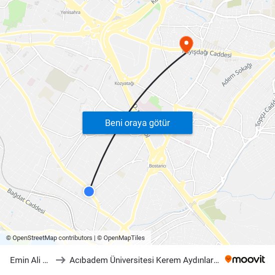 Emin Ali Paşa to Acıbadem Üniversitesi Kerem Aydınlar Yerleşkesi map
