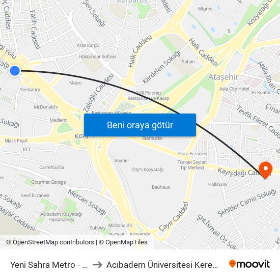 Yeni Sahra Metro - Kadiköy Yönü to Acıbadem Üniversitesi Kerem Aydınlar Yerleşkesi map