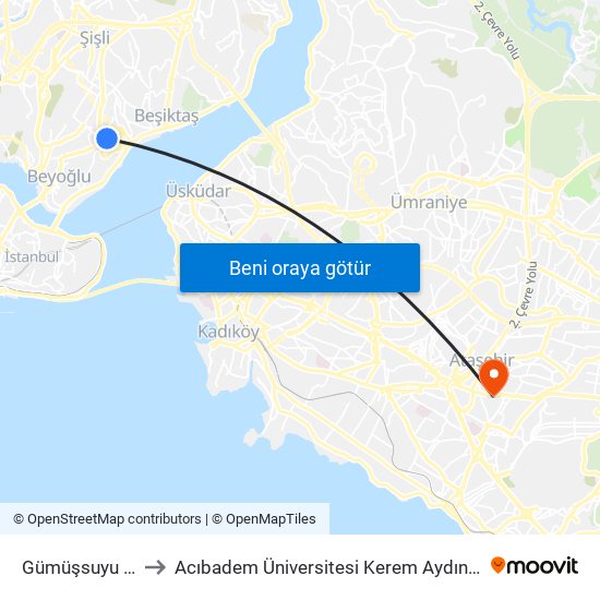 Gümüşsuyu Peron to Acıbadem Üniversitesi Kerem Aydınlar Yerleşkesi map