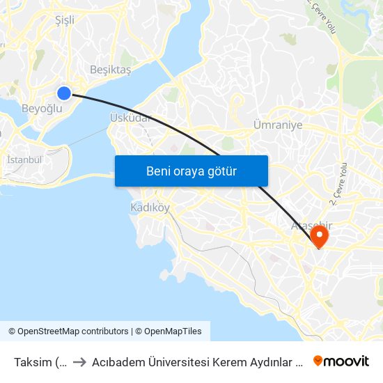 Taksim (T2) to Acıbadem Üniversitesi Kerem Aydınlar Yerleşkesi map