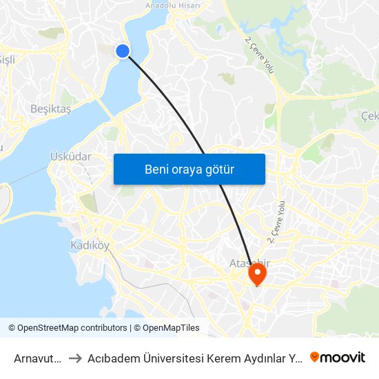 Arnavutköy to Acıbadem Üniversitesi Kerem Aydınlar Yerleşkesi map