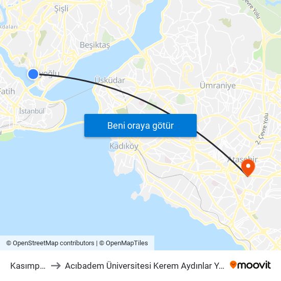 Kasımpaşa to Acıbadem Üniversitesi Kerem Aydınlar Yerleşkesi map
