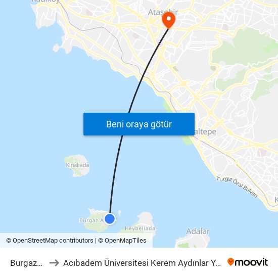 Burgazada to Acıbadem Üniversitesi Kerem Aydınlar Yerleşkesi map