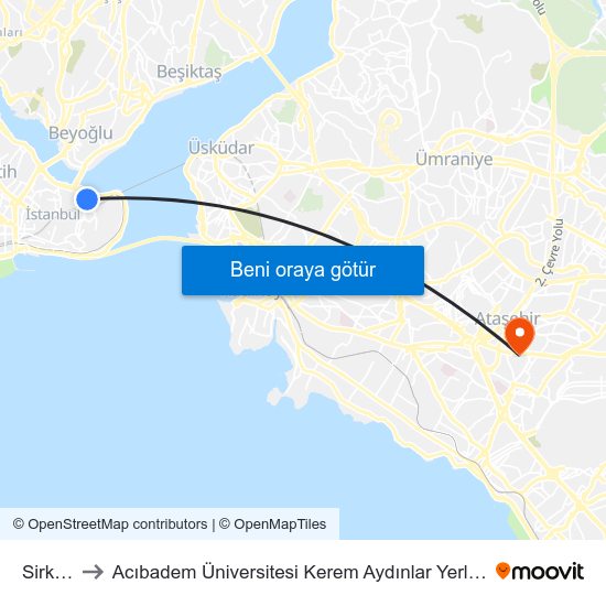 Sirkeci to Acıbadem Üniversitesi Kerem Aydınlar Yerleşkesi map