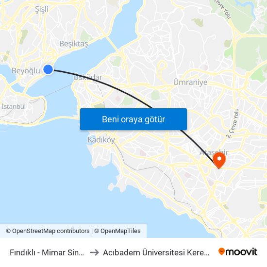 Fındıklı - Mimar Sinan Üniversitesi to Acıbadem Üniversitesi Kerem Aydınlar Yerleşkesi map