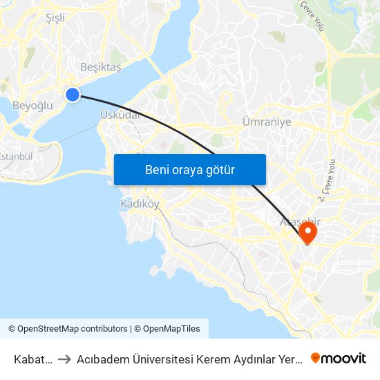 Kabataş to Acıbadem Üniversitesi Kerem Aydınlar Yerleşkesi map