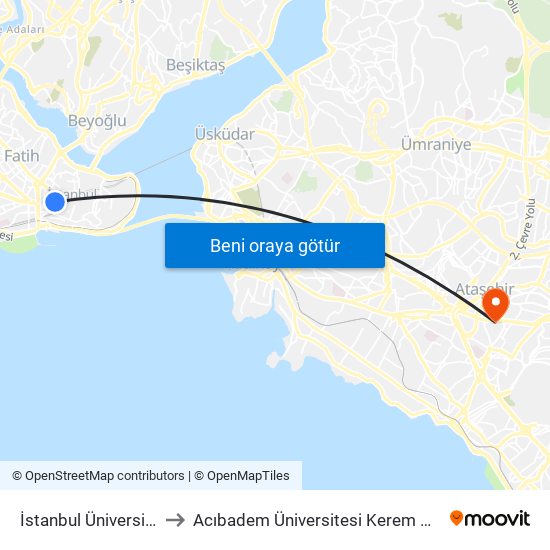 İstanbul Üniversitesi - Laleli to Acıbadem Üniversitesi Kerem Aydınlar Yerleşkesi map