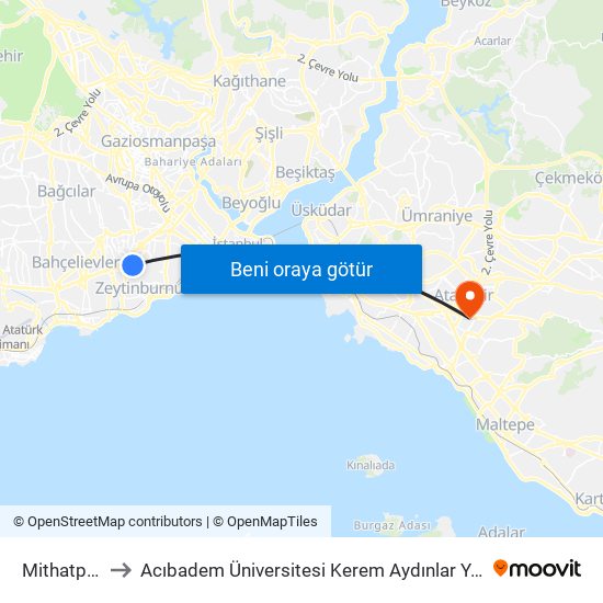Mithatpaşa to Acıbadem Üniversitesi Kerem Aydınlar Yerleşkesi map