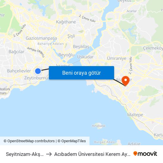 Seyitnizam-Akşemsettin to Acıbadem Üniversitesi Kerem Aydınlar Yerleşkesi map