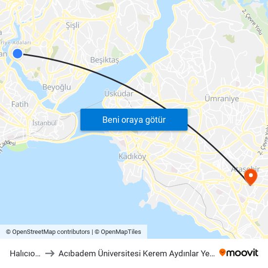 Halıcıoğlu to Acıbadem Üniversitesi Kerem Aydınlar Yerleşkesi map