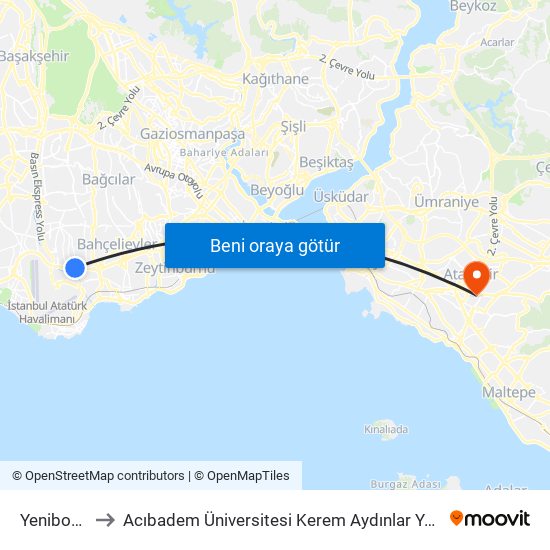 Yenibosna to Acıbadem Üniversitesi Kerem Aydınlar Yerleşkesi map