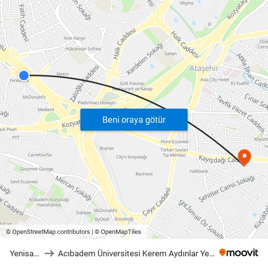 Yenisahra to Acıbadem Üniversitesi Kerem Aydınlar Yerleşkesi map