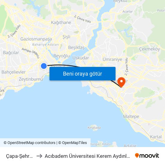 Çapa-Şehremini to Acıbadem Üniversitesi Kerem Aydınlar Yerleşkesi map