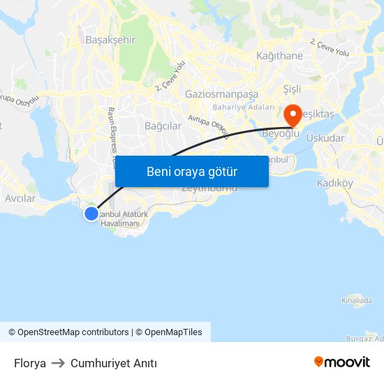 Florya to Cumhuriyet Anıtı map