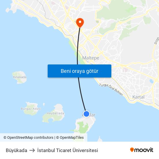 Büyükada to İstanbul Ticaret Üniversitesi map