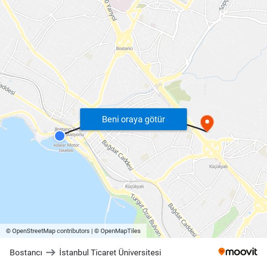 Bostancı to İstanbul Ticaret Üniversitesi map