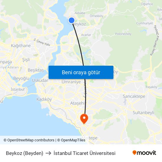 Beykoz (Beyden) to İstanbul Ticaret Üniversitesi map