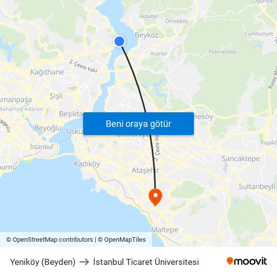 Yeniköy (Beyden) to İstanbul Ticaret Üniversitesi map