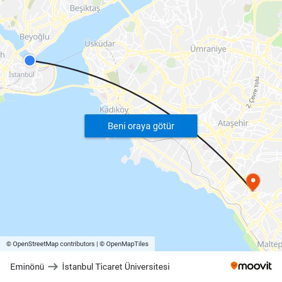 Eminönü to İstanbul Ticaret Üniversitesi map