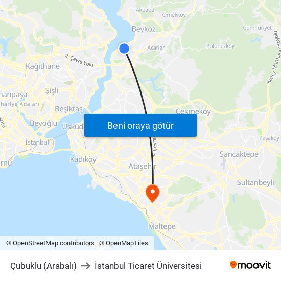 Çubuklu (Arabalı) to İstanbul Ticaret Üniversitesi map