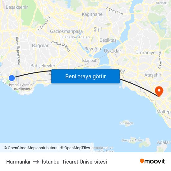 Harmanlar to İstanbul Ticaret Üniversitesi map