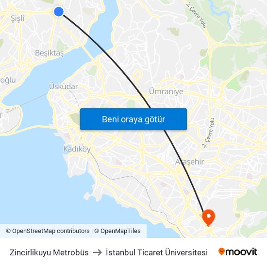 Zincirlikuyu Metrobüs to İstanbul Ticaret Üniversitesi map