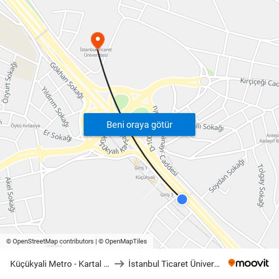 Küçükyali Metro - Kartal Yönü to İstanbul Ticaret Üniversitesi map