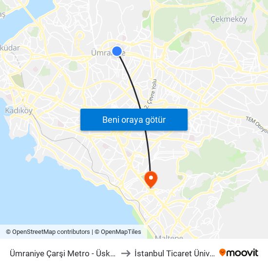 Ümraniye Çarşi Metro - Üsküdar Yönü to İstanbul Ticaret Üniversitesi map