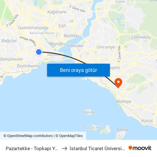 Pazartekke - Topkapi Yönü to İstanbul Ticaret Üniversitesi map