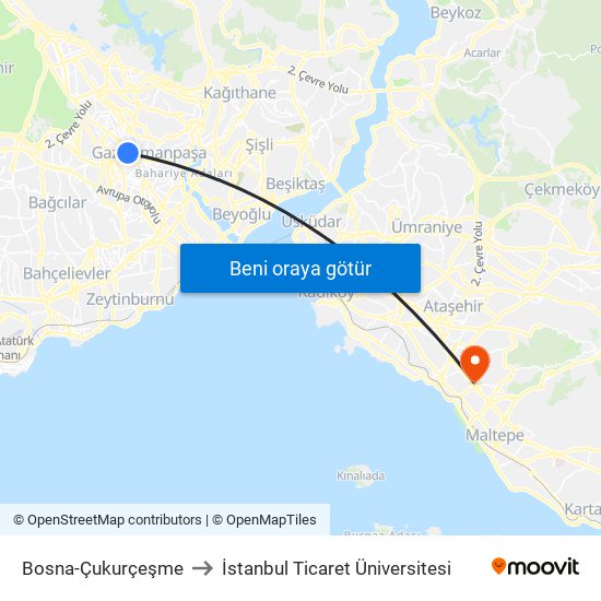 Bosna-Çukurçeşme to İstanbul Ticaret Üniversitesi map