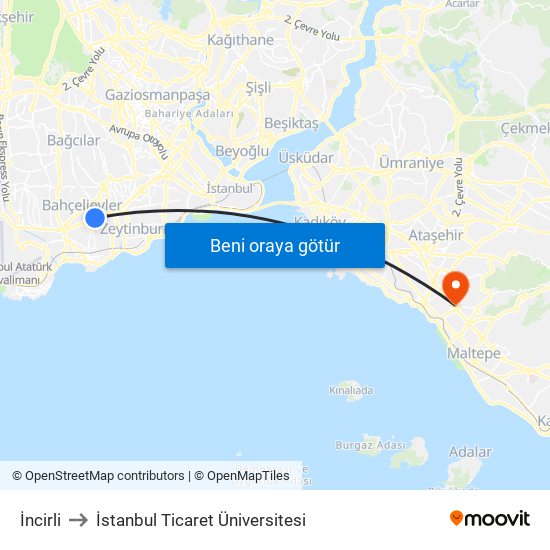 İncirli to İstanbul Ticaret Üniversitesi map