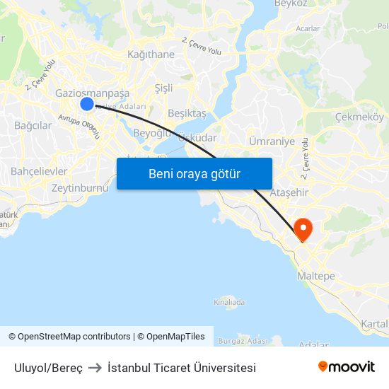 Uluyol/Bereç to İstanbul Ticaret Üniversitesi map