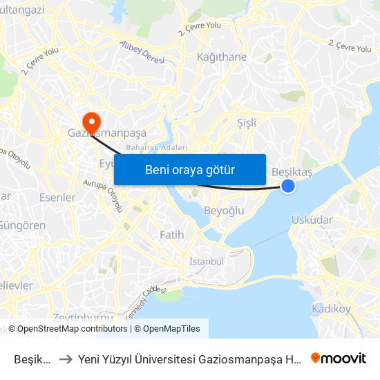 Beşiktaş to Yeni Yüzyıl Üniversitesi Gaziosmanpaşa Hastanesi map