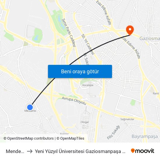 Menderes to Yeni Yüzyıl Üniversitesi Gaziosmanpaşa Hastanesi map