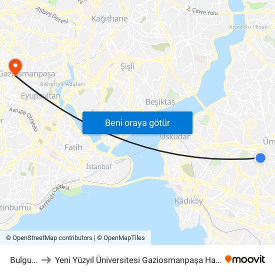 Bulgurlu to Yeni Yüzyıl Üniversitesi Gaziosmanpaşa Hastanesi map