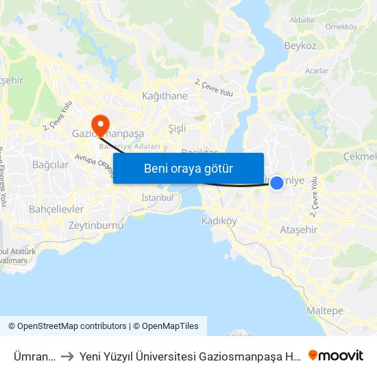 Ümraniye to Yeni Yüzyıl Üniversitesi Gaziosmanpaşa Hastanesi map