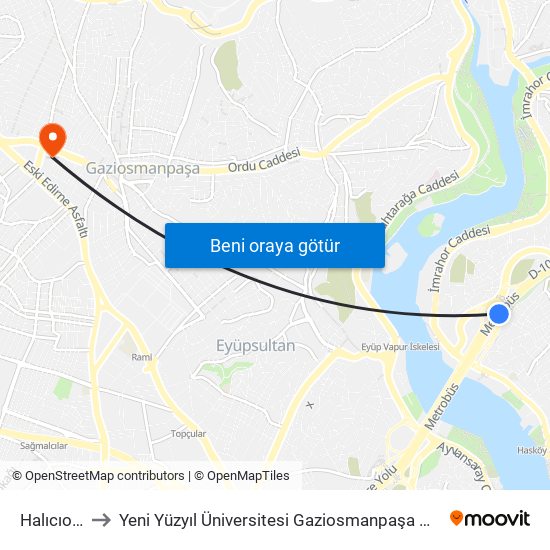 Halıcıoğlu to Yeni Yüzyıl Üniversitesi Gaziosmanpaşa Hastanesi map