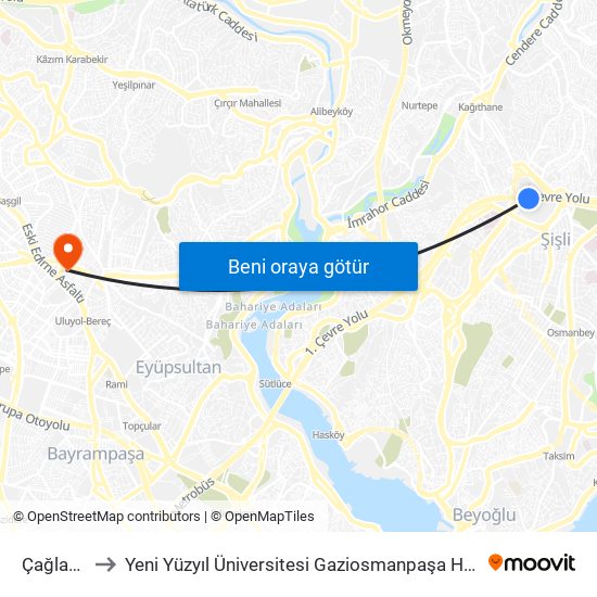 Çağlayan to Yeni Yüzyıl Üniversitesi Gaziosmanpaşa Hastanesi map