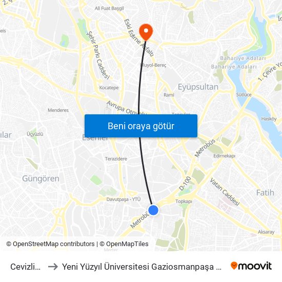 Cevizlibağ to Yeni Yüzyıl Üniversitesi Gaziosmanpaşa Hastanesi map