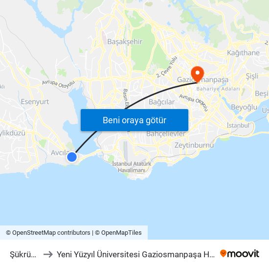 Şükrübey to Yeni Yüzyıl Üniversitesi Gaziosmanpaşa Hastanesi map