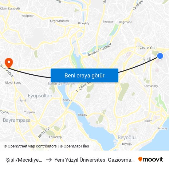 Şişli/Mecidiyeköy (M2) to Yeni Yüzyıl Üniversitesi Gaziosmanpaşa Hastanesi map