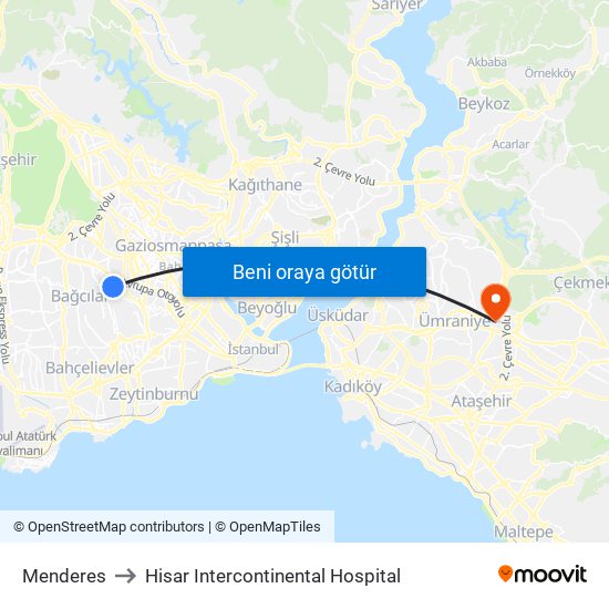 Menderes to Hisar Intercontinental Hospital map