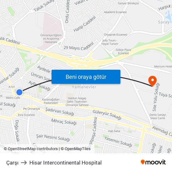 Çarşı to Hisar Intercontinental Hospital map