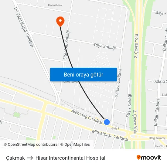 Çakmak to Hisar Intercontinental Hospital map