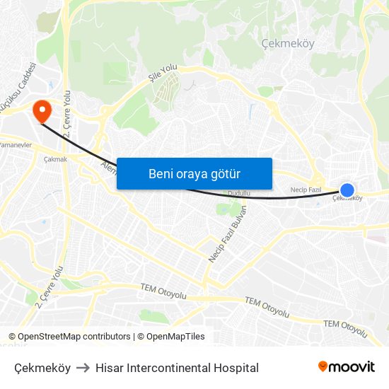 Çekmeköy to Hisar Intercontinental Hospital map