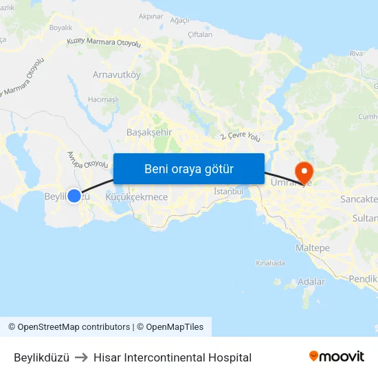 Beylikdüzü to Hisar Intercontinental Hospital map