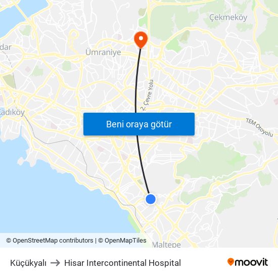 Küçükyalı to Hisar Intercontinental Hospital map