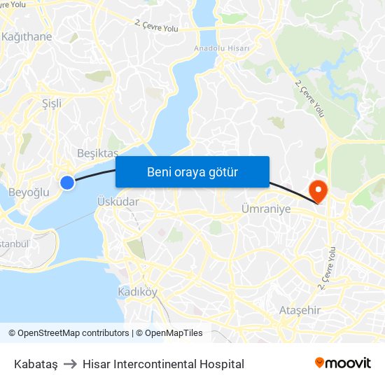 Kabataş to Hisar Intercontinental Hospital map