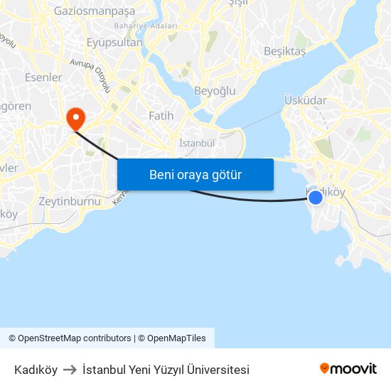 Kadıköy to İstanbul Yeni Yüzyıl Üniversitesi map