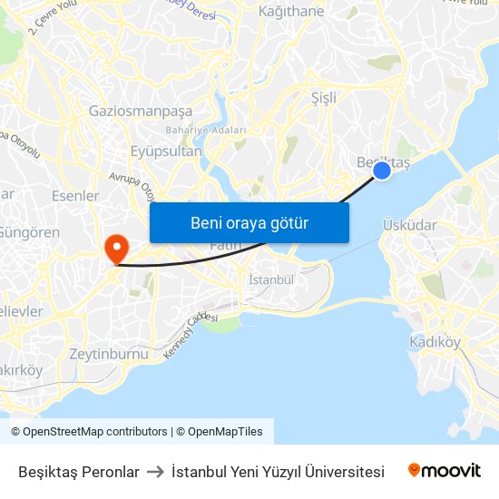 Beşiktaş Peronlar to İstanbul Yeni Yüzyıl Üniversitesi map